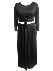 Solid Long Sleeve Crop Top & Maxi Skirt Two Piece Set