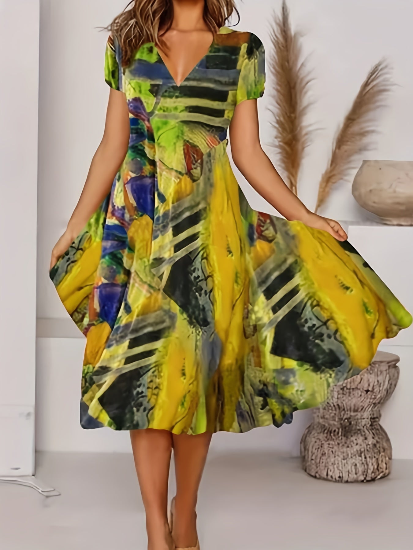 Casual Dress Women's Plus Painting Print Short Sleeve V Neck
