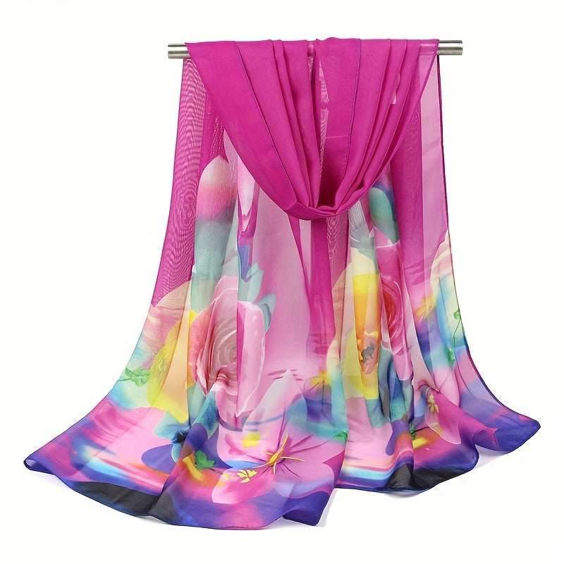 Rose Printed Chiffon Silky Scarf Long Shawl Beach Scarf