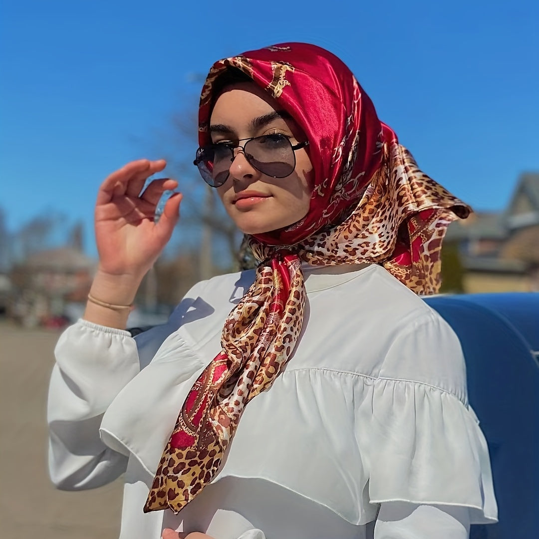 Red Square Scarf Leopard Print Gold Chain Silk Neck Shawl Headwrap