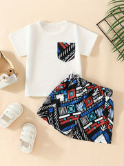 Baby Boy's Stylish Outfit Short Sleeve T Shirt Plaid Shorts 2pcs