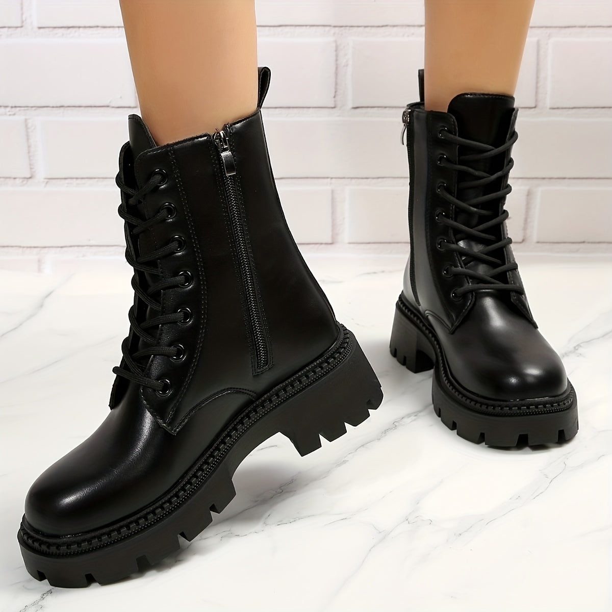 Women's Platform Combat Boots Round Toe Side Zipper Lace Up Ankle Boots