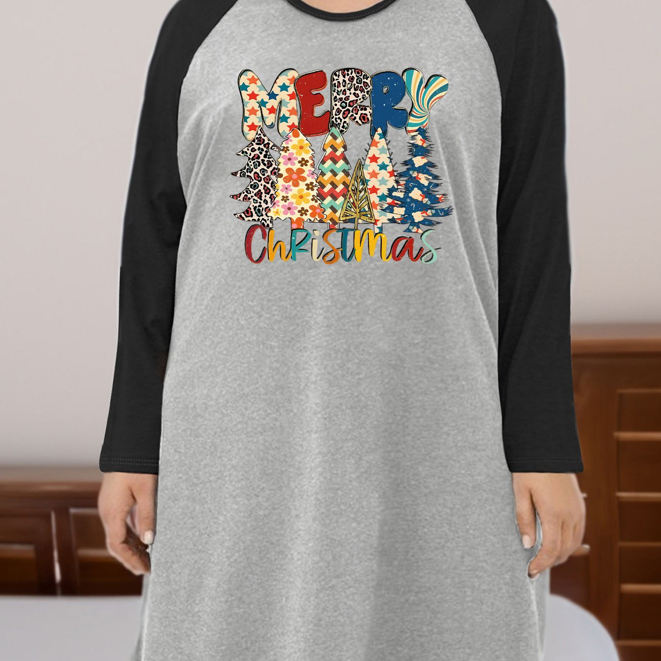 Christmas Nightdress Women's Plus Christmas Tree & Slogan Print Tee