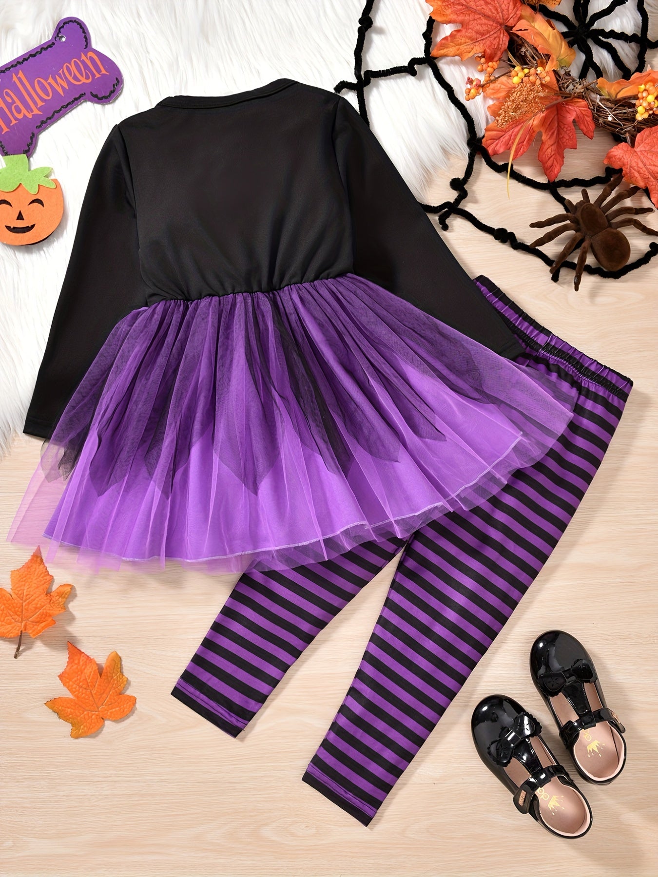 Girl's Ghost Halloween Costume Dress & Plaid Leggings Set