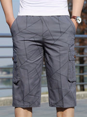 Geometric Pattern Cotton Cargo Shorts Men's Casual Pocket Waist Drawstring Cargo