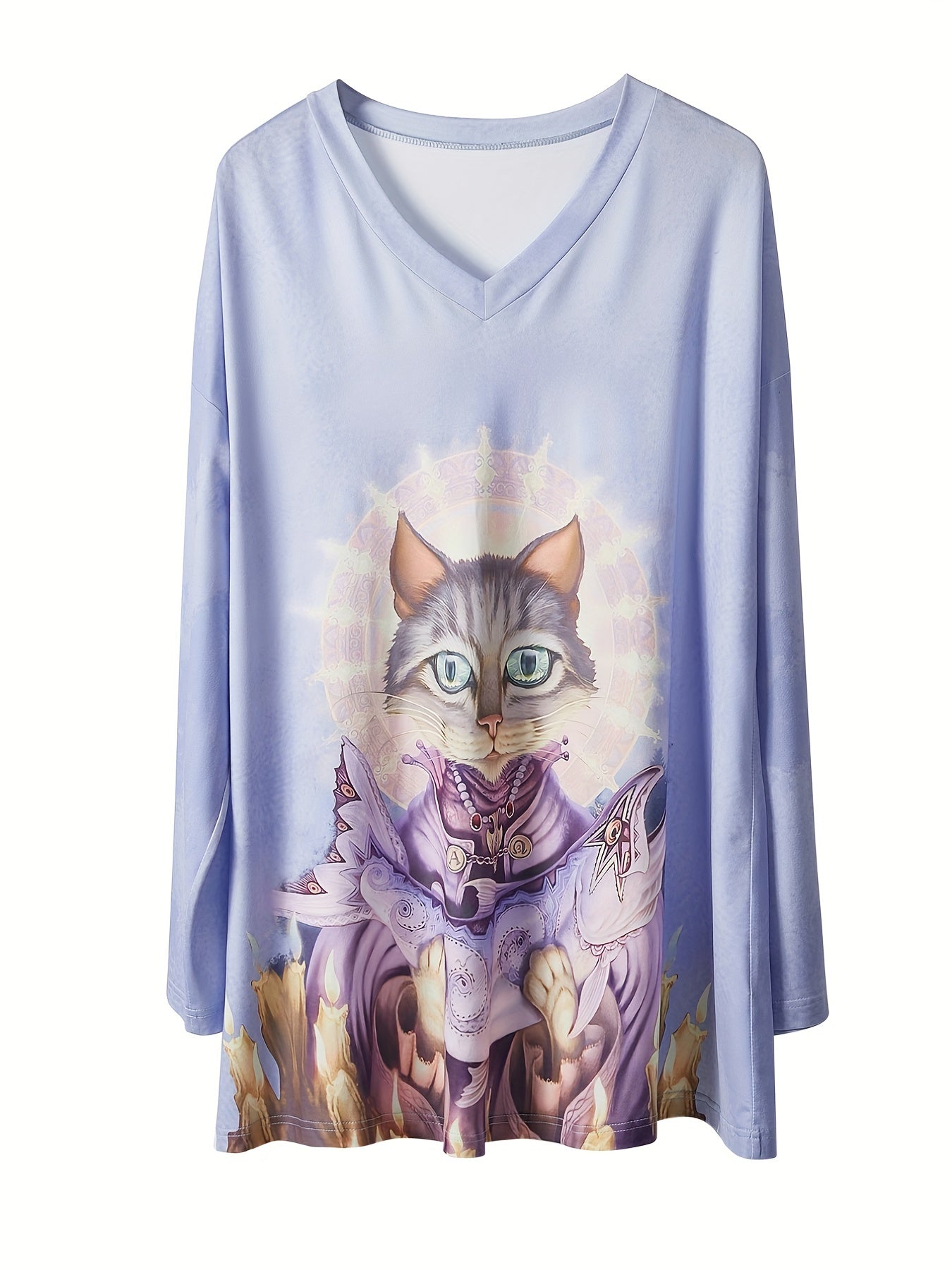 Women's Plus Cat Print Long Sleeve V Neck Tee Dress