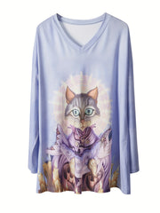 Women's Plus Cat Print Long Sleeve V Neck Tee Dress