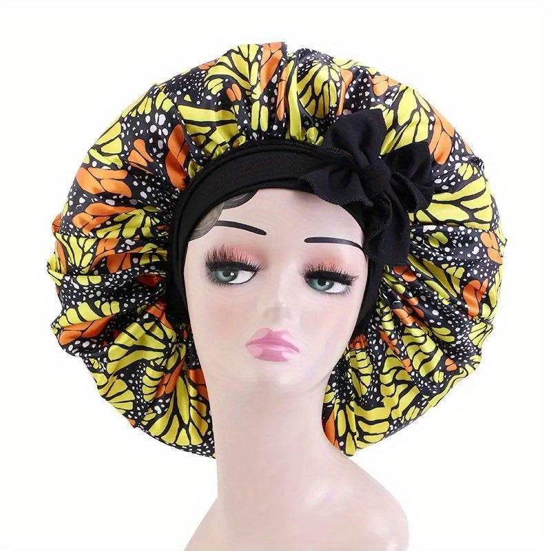 Boho Print Satin Bonnet Large Sleep Cap Bowknot Tied Hair Bonnet