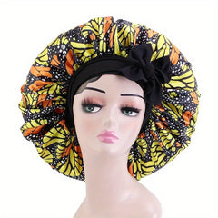 Boho Print Satin Bonnet Large Sleep Cap Bowknot Tied Hair Bonnet