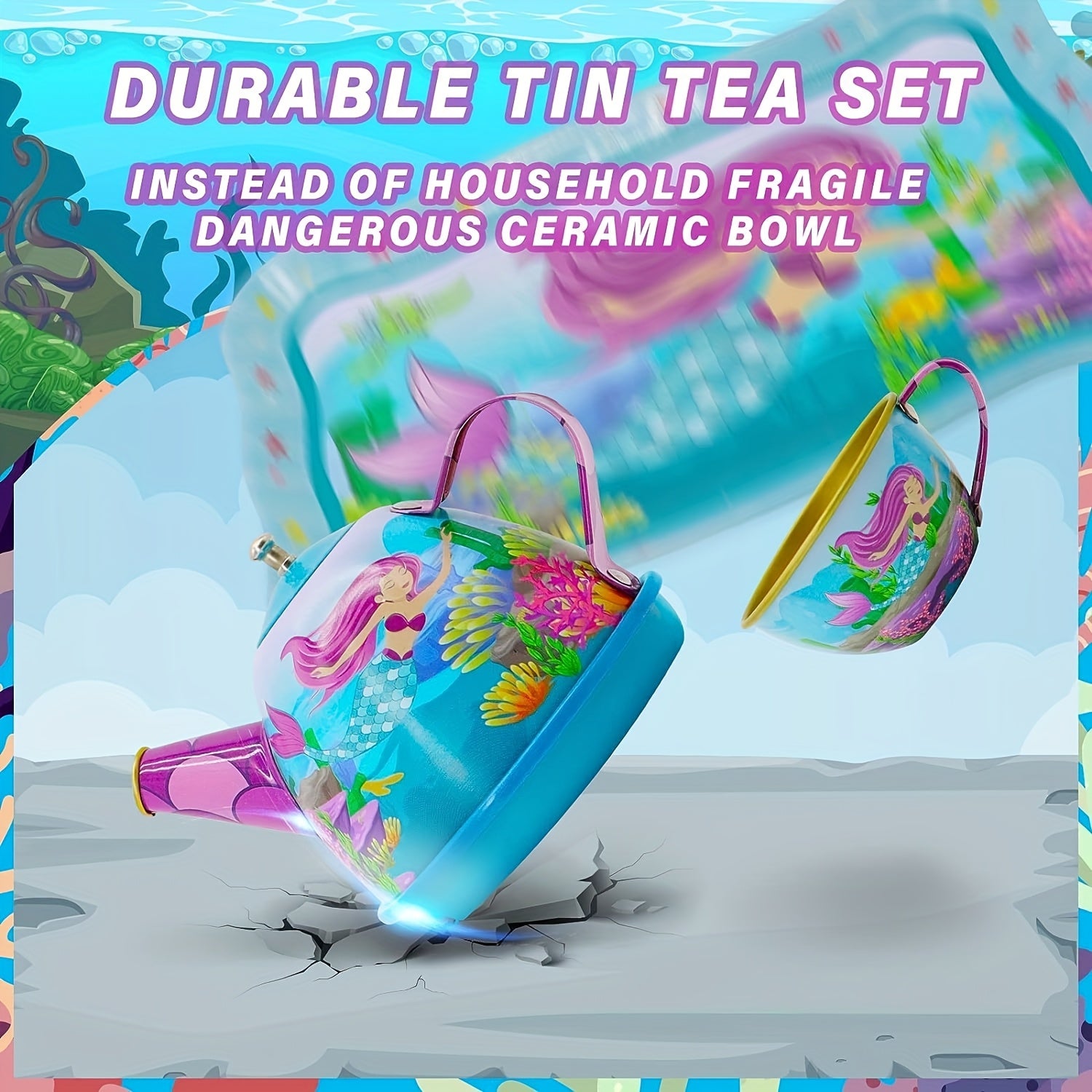 15pcs Mermaid Tea Party Set for Little Girls Pretend Tin Teapot Set