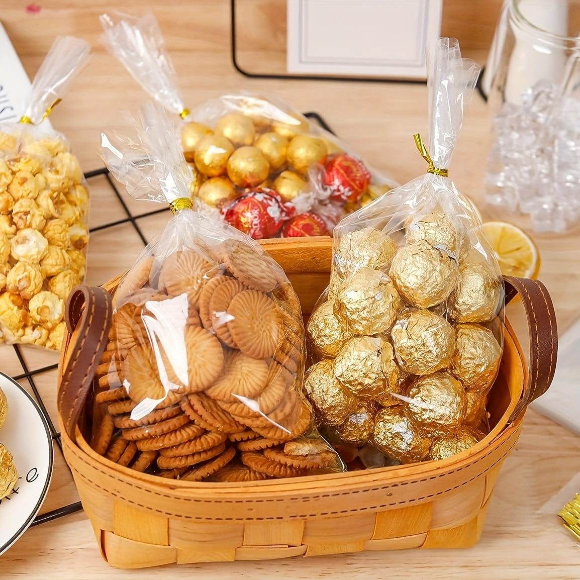 100pcs Transparent Snack Bags + Twist Ties for Cookies, Candy, Party Gifts