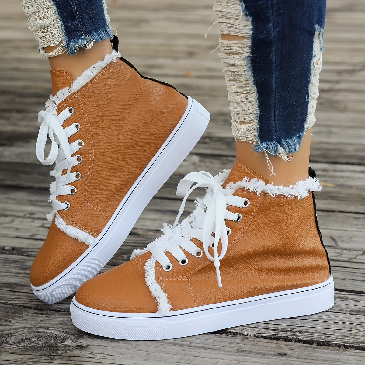Women's Raw Trim High Lace up Canvas Shoes Round Toe Casual Walking Shoes