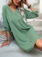 Solid V Neck Button Front Dress Women's Clothing