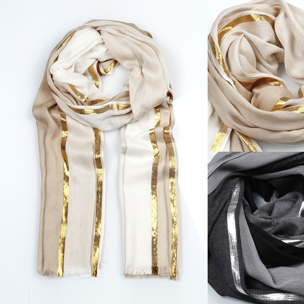 Rayon Casual Scarf Solid Golden & Silver Stripe Tassel Headwrap