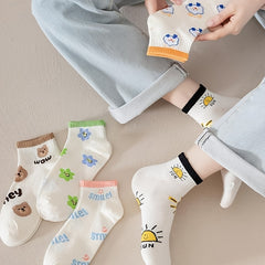 5 Pairs Cartoon Print Short Socks Low Cut Ankle Socks Women's Stockings