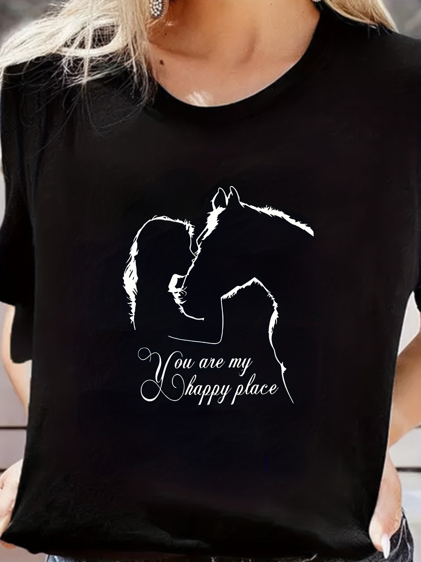 Girl & Horse Print Short Sleeve T-shirt Casual Crew Neck Sports Tee