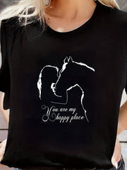 Girl & Horse Print Short Sleeve T-shirt Casual Crew Neck Sports Tee