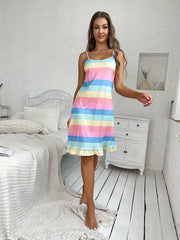 Rainbow Stripe Ruffle Slip Nightdress Women's Sleepwear Dress