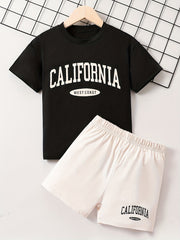 2pcs Boys California Print Tee & Shorts Set Summer Outfits