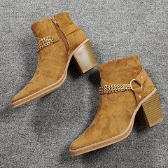 Women's Chain Ankle Boots Side Zipper Block Heeled Shoes