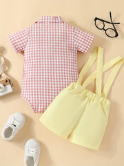 2pcs Baby Boys Plaid Bowtie Onesie & Suspender Shorts Set