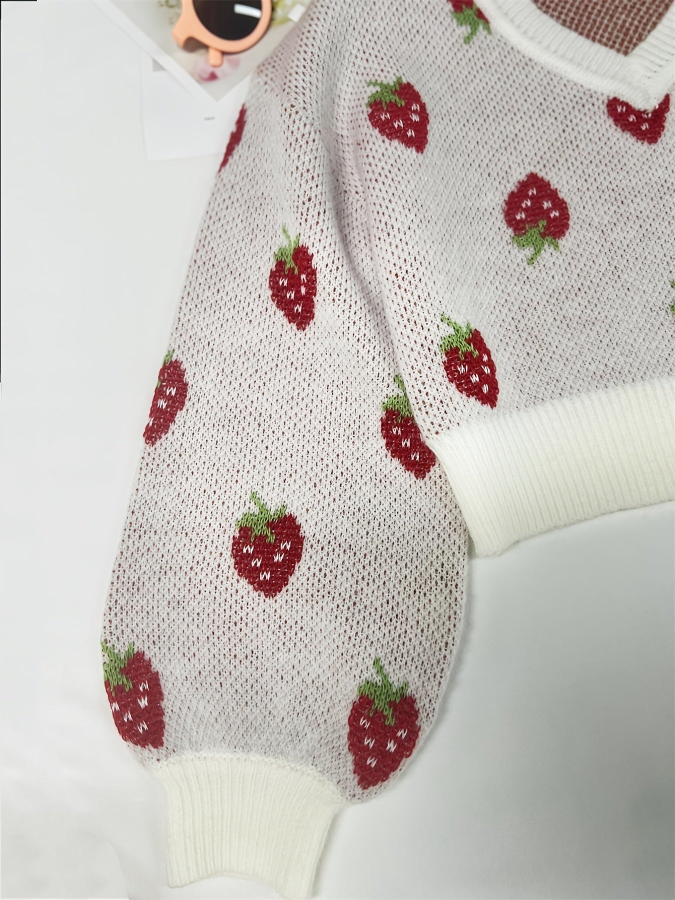 Girls Strawberry Jacquard Sweater Cropped Length