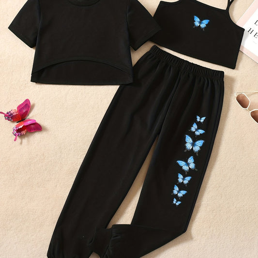 3pcs Girls Bow Butterfly Cami Tops Jogger Pants Asymmetrical Trim Set