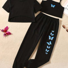 3pcs Girls Bow Butterfly Cami Tops Jogger Pants Asymmetrical Trim Set