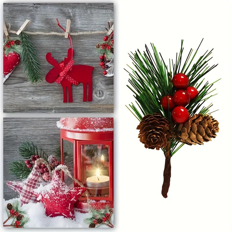 10pcs Christmas Red Berry Picks Holly Branches Pine Needle DIY Decoration
