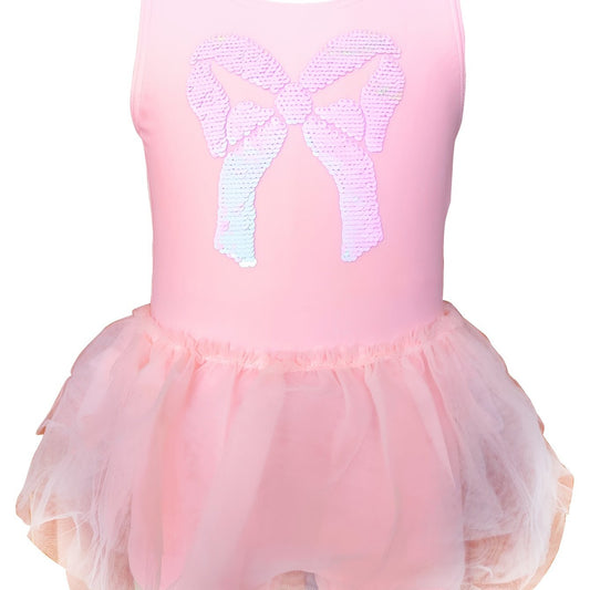 Sequin Bow Sleeveless Tutu Swimwear Set with Cap