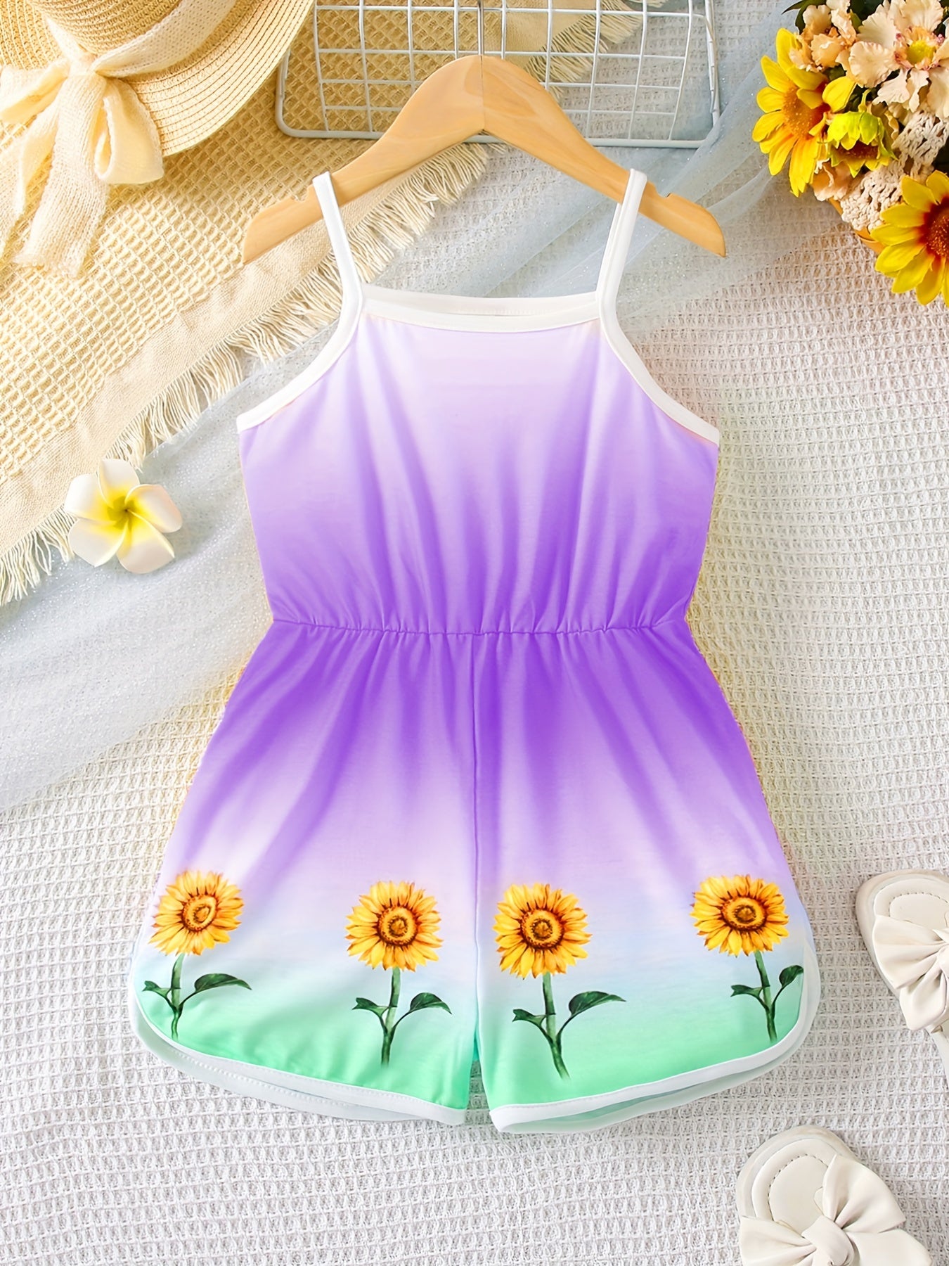 Girls Sunflower Vacation Style Cami Romper Jumpsuit
