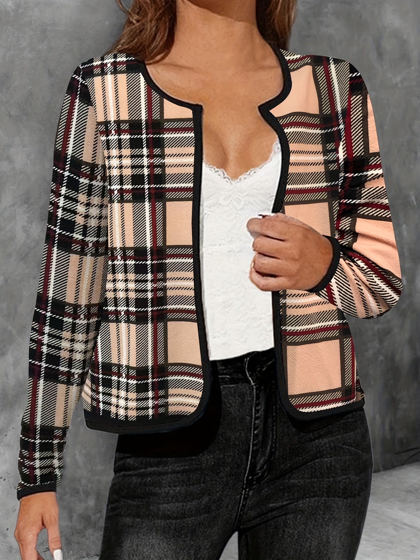 Plaid Print Crew Neck Jacket Casual Open Front Long Sleeve Outwear