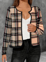 Plaid Print Crew Neck Jacket Casual Open Front Long Sleeve Outwear