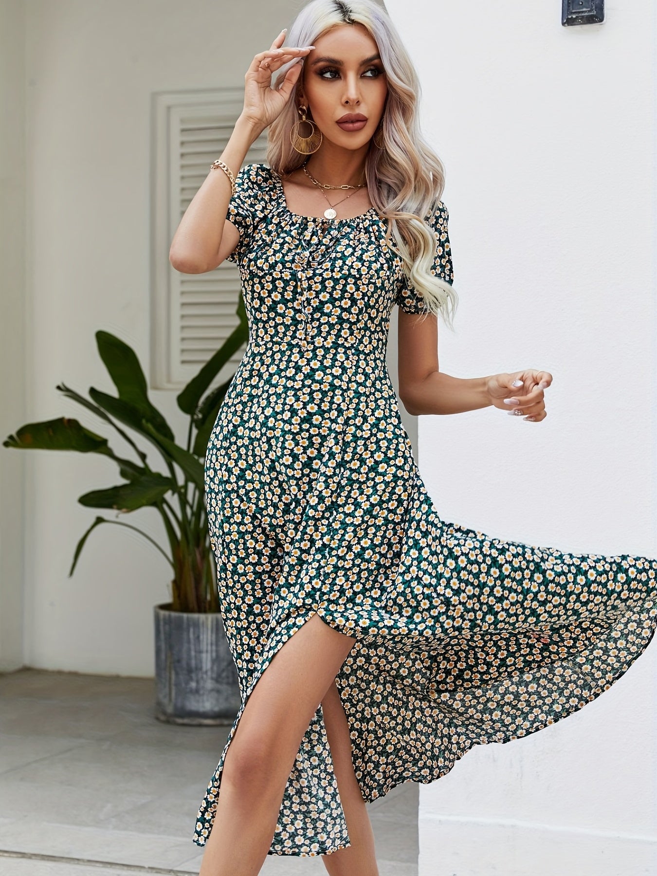 Floral Square Neck Split Dress Short Sleeve Spring Summer Women's Clothing