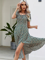 Floral Square Neck Split Dress Short Sleeve Spring Summer Women's Clothing