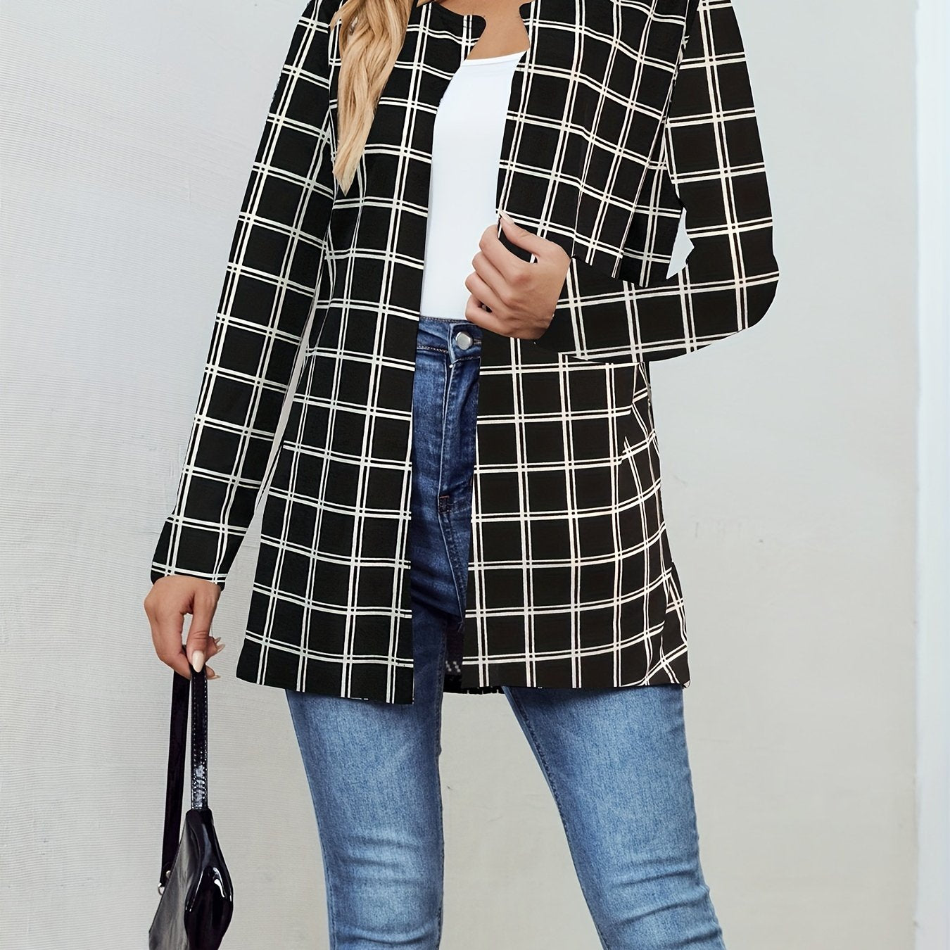 Windowpane Print Open Front Jacket Casual Long Sleeve