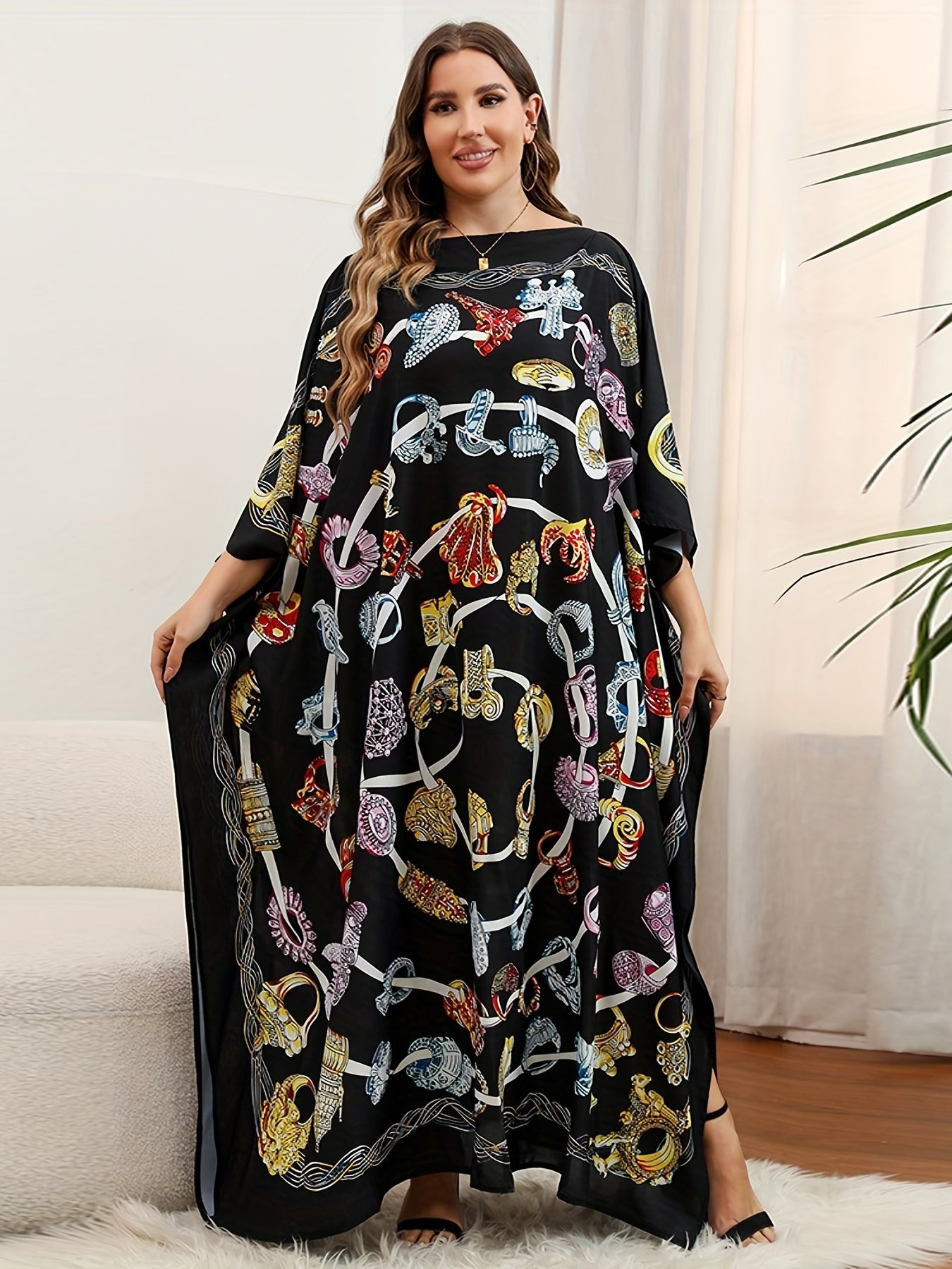Boho Cover Up Women's Plus Graphic Print Loose Kaftan Dress