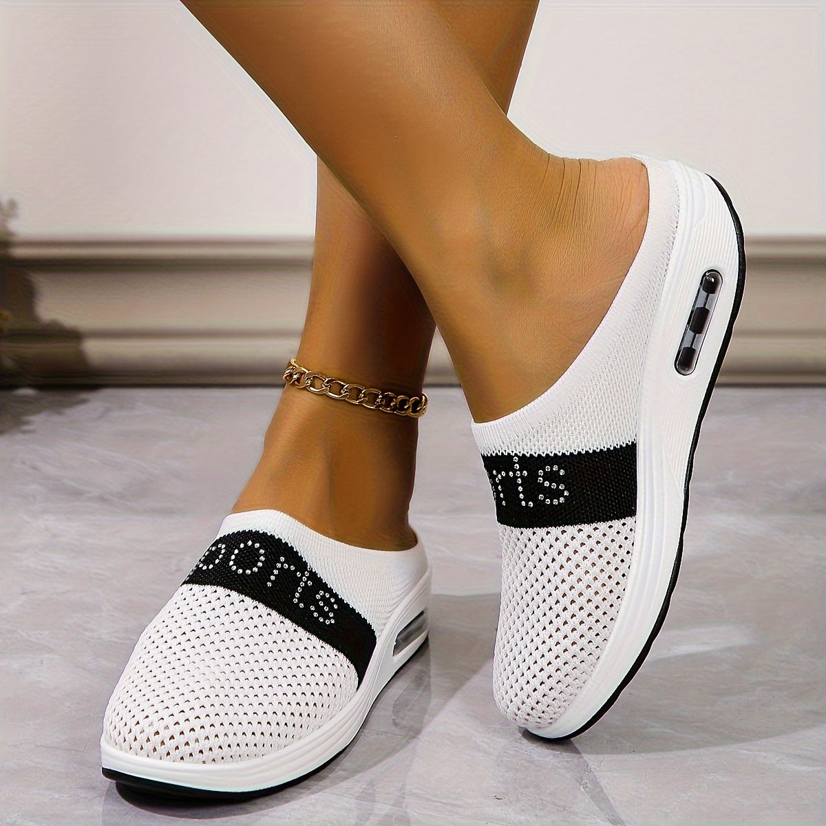 Women's Rhinestone Letter Sport Slippers Breathable Mesh Chunky Sneakers
