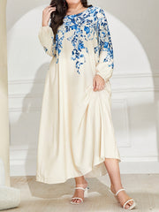 Floral Print Lantern Sleeve Maxi Abaya Dress
