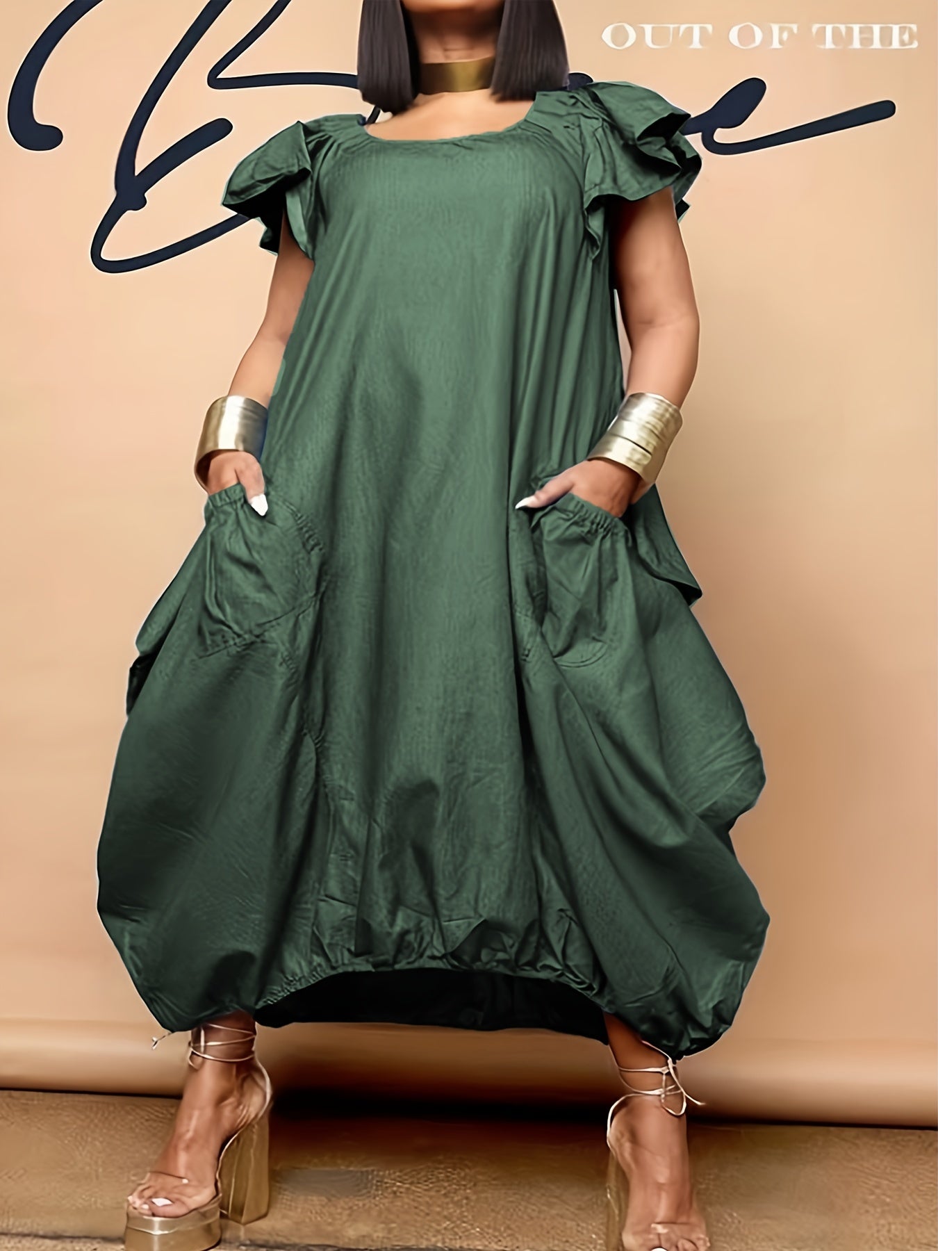 Plus Denim Print Butterfly Sleeve Round Neck Maxi Dress