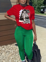 Figure Print Short Sleeve Tops & Solid Long Length Pants Outfit