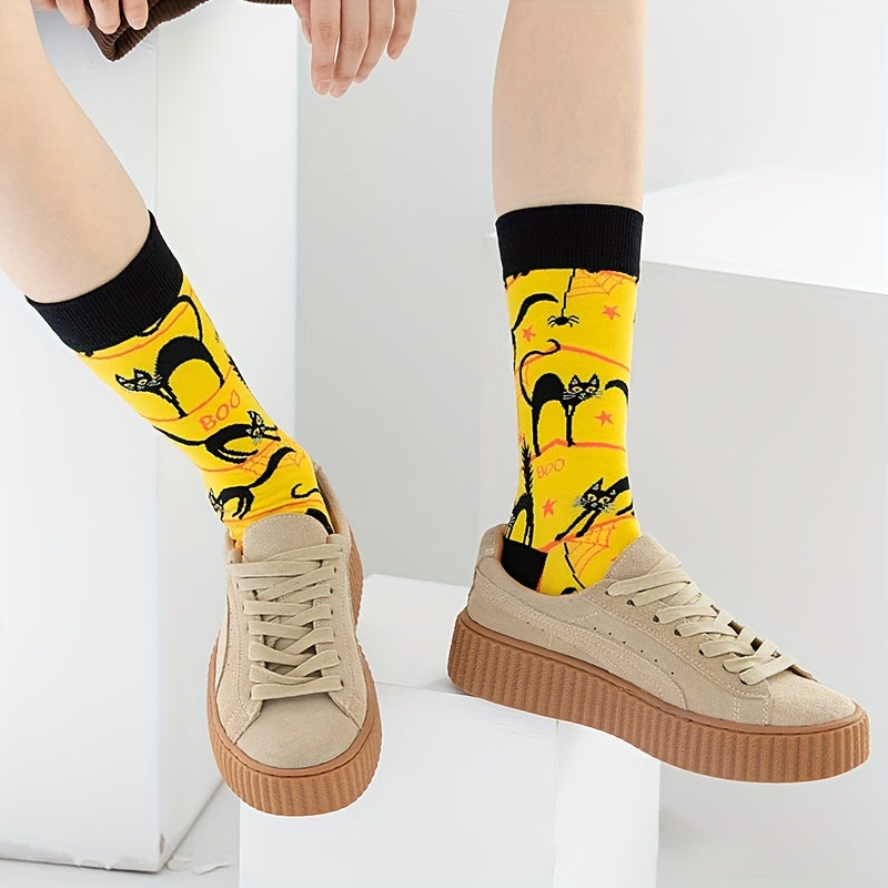 3 Pairs Bat & Skull Print Socks Halloween Crew Socks Women's Stockings