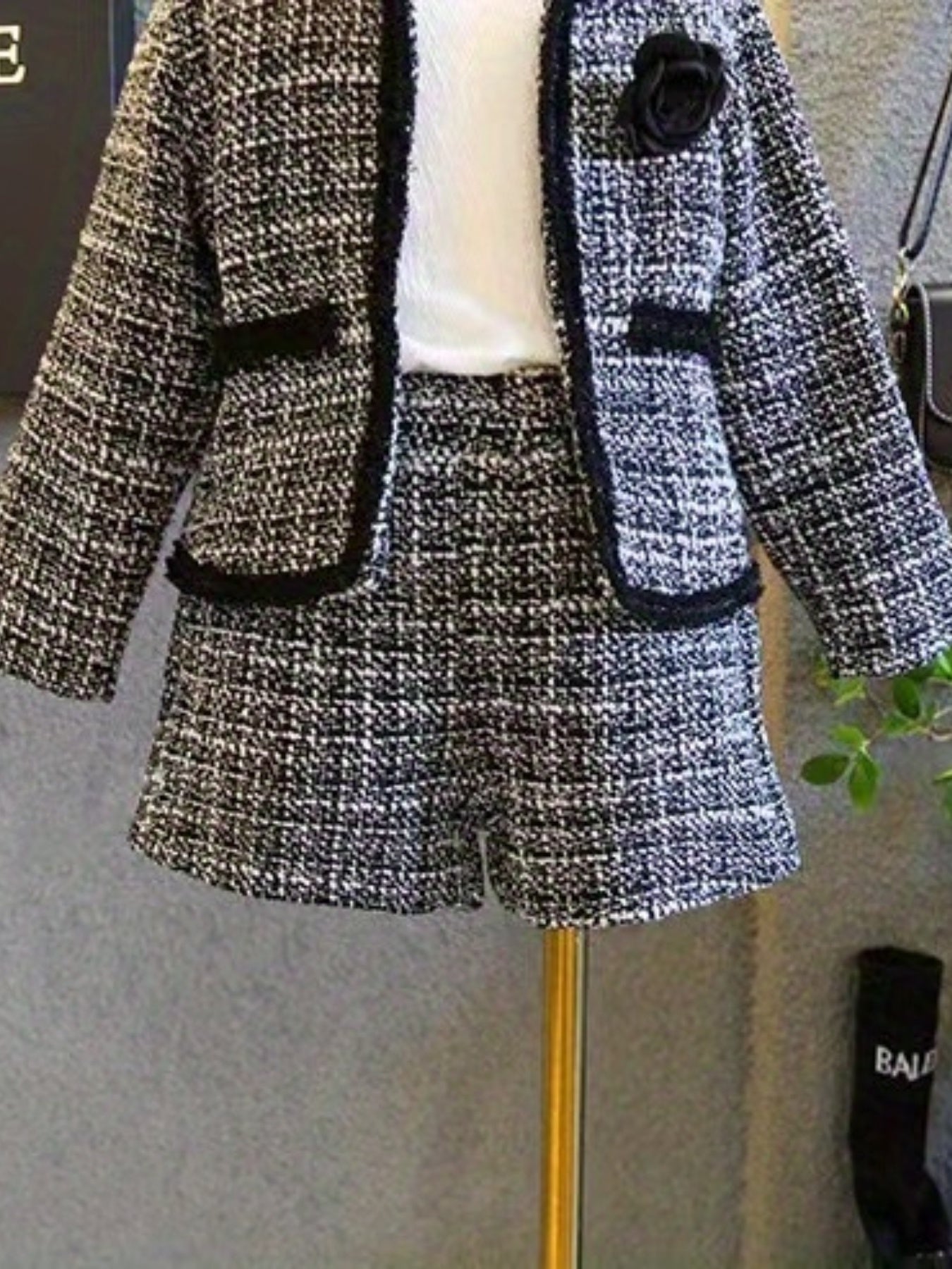 Girl's Tweed Jacket & Shorts Set Floral Decor Spring Autumn