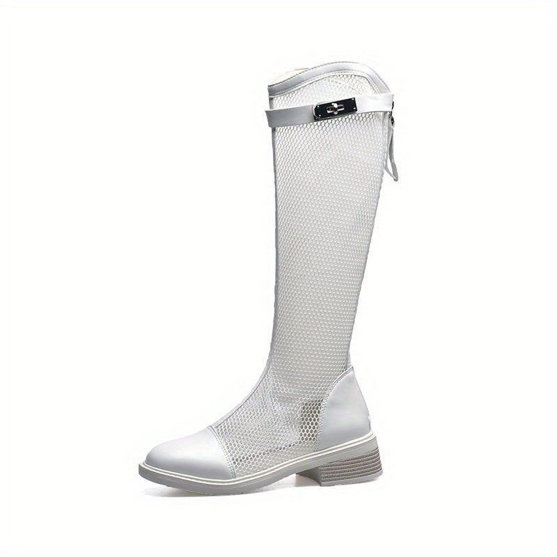 Women's Mesh Long Boots Round Toe Zipper Buckle Chunky Heel Boots