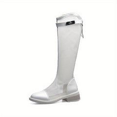 Women's Mesh Long Boots Round Toe Zipper Buckle Chunky Heel Boots
