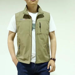 Men's Zipper Pockets Cargo Vest, Stand Collar Zip Up Vest