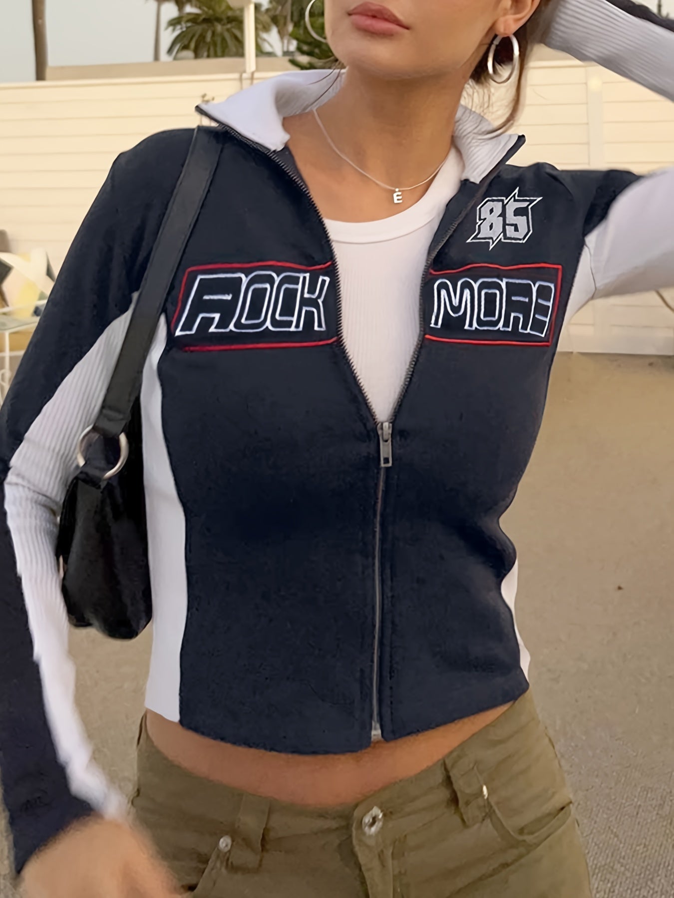 Y2K Block Letter Print Jacket Crop Zip Up Women's Clothing