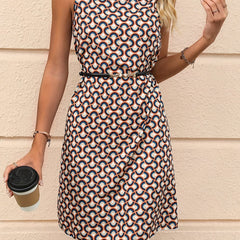 Abstract Print Keyhole Dress High Neck Sleeveless