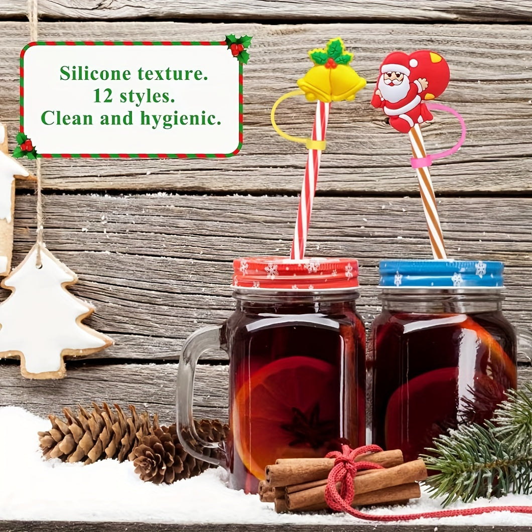 12pcs Christmas Silicone Straw Cover Reusable Straw Plug for Cup AC