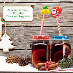 12pcs Christmas Silicone Straw Cover Reusable Straw Plug for Cup AC